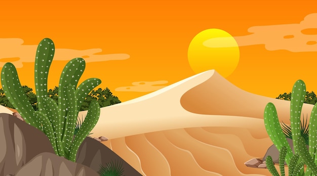 Vector gratuito paisaje de bosque desértico en la escena del atardecer con muchos cactus