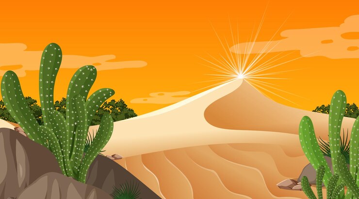 Vector gratuito paisaje de bosque desértico en la escena del atardecer con muchos cactus