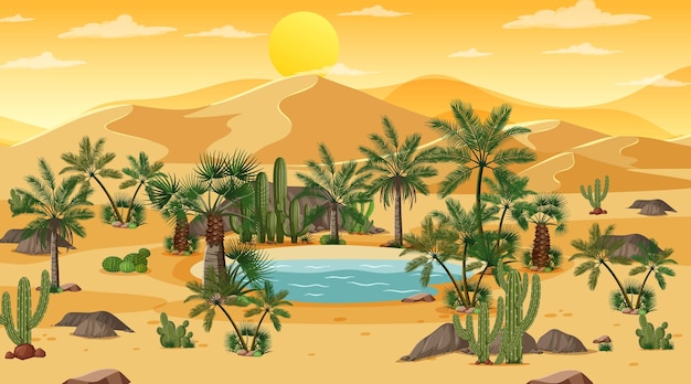 Vector gratuito paisaje de bosque desértico en la escena del atardecer con oasis