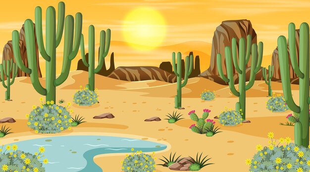 Paisaje de bosque desértico en la escena del atardecer con oasis