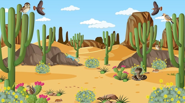 Vector gratuito paisaje de bosque desértico en la escena diurna con animales y plantas del desierto