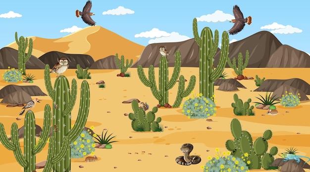 Paisaje de bosque desértico en la escena diurna con animales y plantas del desierto