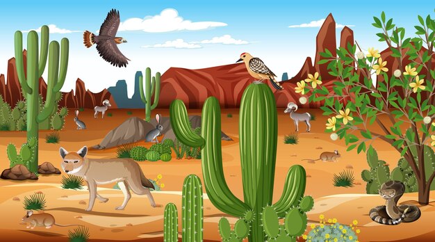 Paisaje de bosque desértico en escena diurna con animales willd