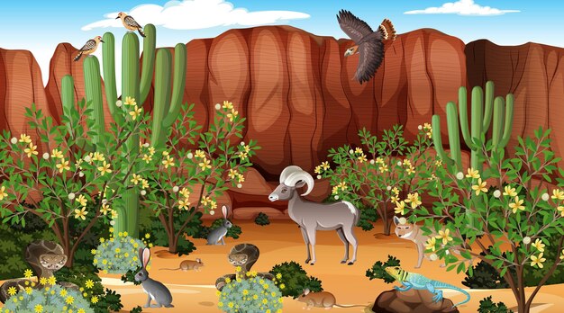 Paisaje de bosque desértico en escena diurna con animales willd