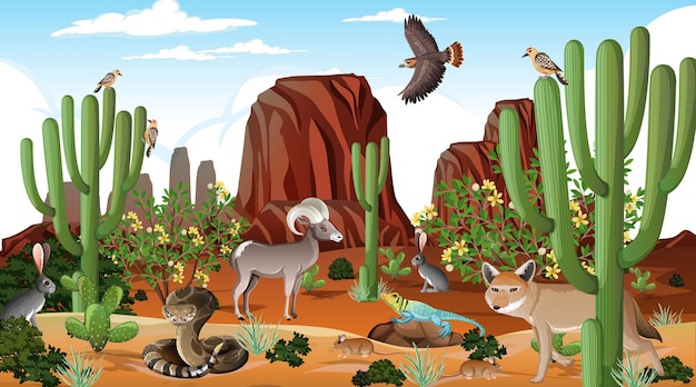 Paisaje de bosque desértico en escena diurna con animales willd