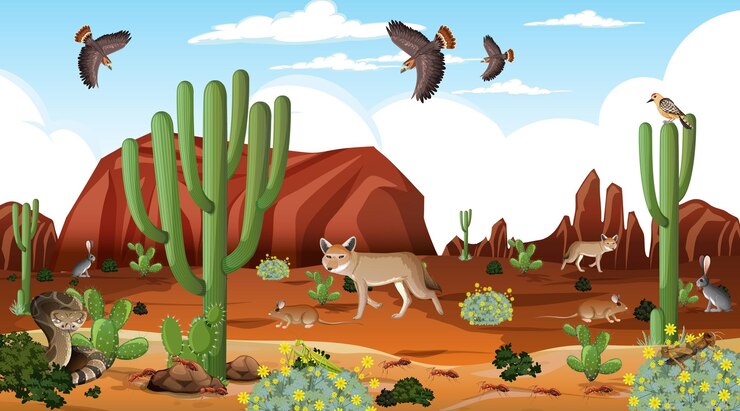 Vector gratuito paisaje de bosque desértico en escena diurna con animales willd