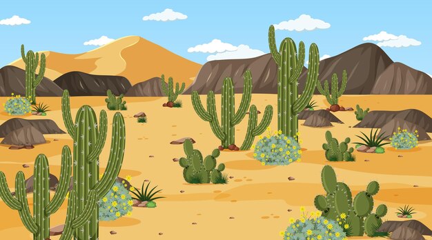 Paisaje de bosque desértico en escena diurna con muchos cactus