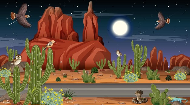 Paisaje de bosque desértico en la escena nocturna con animales y plantas del desierto