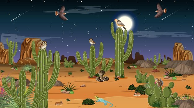 Paisaje de bosque desértico en la escena nocturna con animales y plantas del desierto