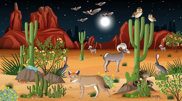 Paisaje de bosque desértico en la escena nocturna con animales salvajes.
