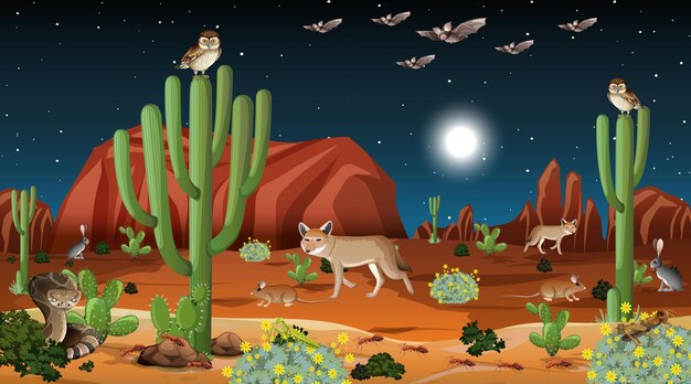 Paisaje de bosque desértico en la escena nocturna con animales salvajes.