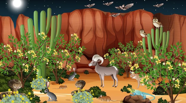 Paisaje de bosque desértico en la escena nocturna con animales salvajes.