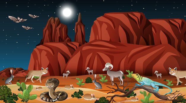 Paisaje de bosque desértico en la escena nocturna con animales salvajes.