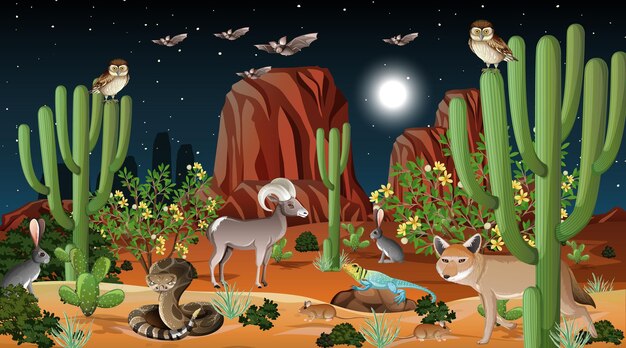 Paisaje de bosque desértico en la escena nocturna con animales salvajes.