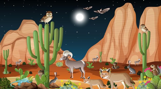 Paisaje de bosque desértico en la escena nocturna con animales salvajes.
