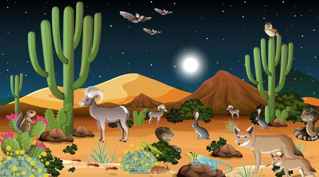 Paisaje de bosque desértico en la escena nocturna con animales salvajes.