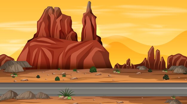 Paisaje de bosque desértico en escena nocturna con largo camino