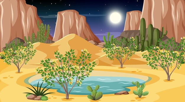 Paisaje de bosque desértico en la escena nocturna con oasis