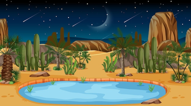 Vector gratuito paisaje de bosque desértico en la escena nocturna con oasis