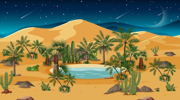 Paisaje de bosque desértico en la escena nocturna con oasis