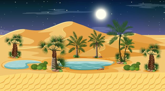 Paisaje de bosque desértico en la escena nocturna con oasis