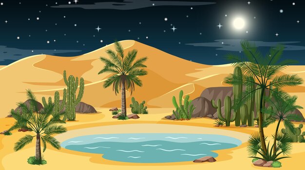 Paisaje de bosque desértico en la escena nocturna con oasis