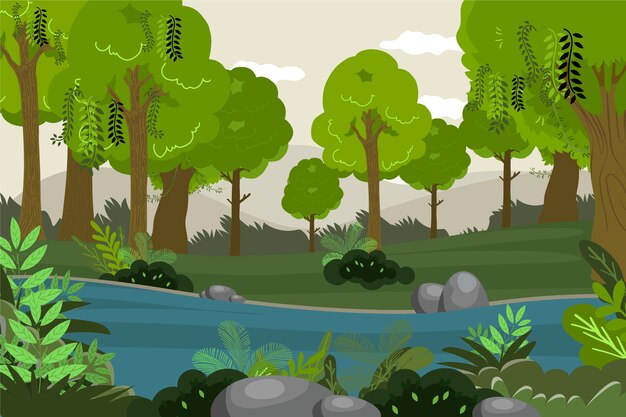 Paisaje de bosque dibujado a mano con río