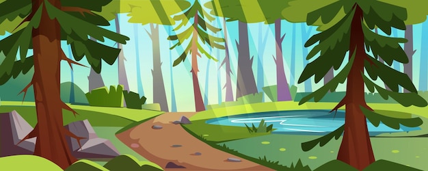 Vector gratuito paisaje de bosque de dibujos animados con árboles de estanque y camino con piedras