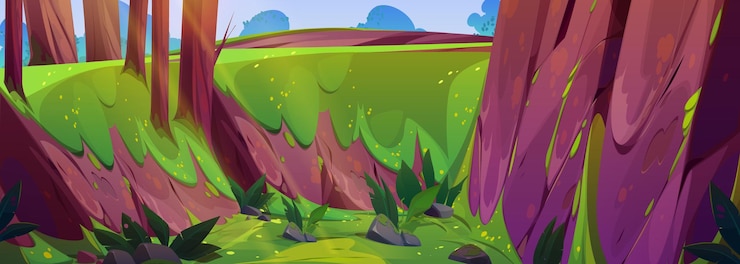 Vector gratuito paisaje de bosque de dibujos animados con árboles viejos y pendiente de colina empinada ilustración de dibujos animados de vector de fondo de selva tropical plantas musgo verde y flores en sendero de bosque de valle de montaña