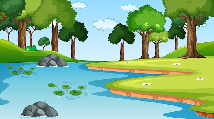 Vector gratuito paisaje de bosque natural en escena diurna con río que fluye a través del bosque