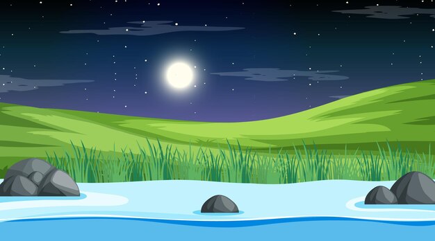 Paisaje de bosque natural en la escena nocturna con un largo río que fluye a través de la pradera