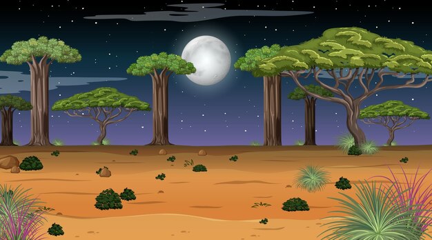 Paisaje de bosque natural en la escena nocturna.