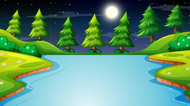 Paisaje de bosque de la naturaleza en la escena nocturna con un largo río que fluye a través de la pradera