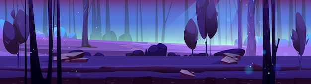 Paisaje de bosque nocturno con árboles y luciérnagas.