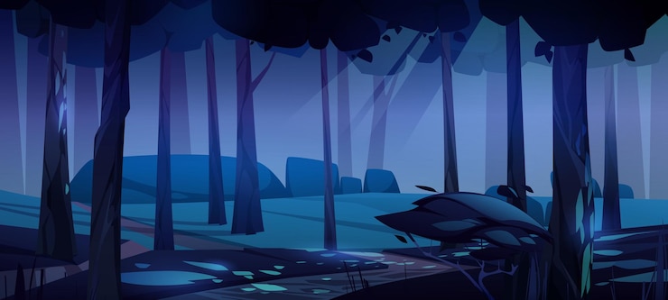 Vector gratuito paisaje de bosque nocturno con árboles y rocas. fondo natural de madera salvaje oscura, lugar misterioso con plantas, césped y manchas de tierra bajo la luz de la luna cayendo a través de coronas, ilustración vectorial de dibujos animados