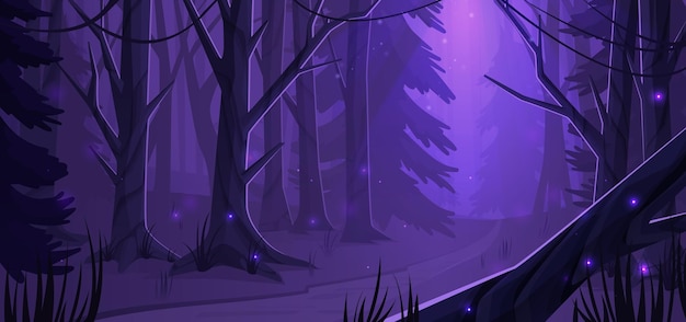 Paisaje de bosque nocturno con árboles y vector de carretera