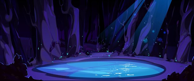 Paisaje de bosque nocturno con estanque claro y árboles.