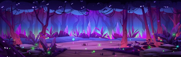 Paisaje de bosque nocturno con lago o pantano a la luz de la luna con luciérnagas brillantes Paisaje de bosques de fantasía en ilustración vectorial de dibujos animados Árboles mágicos y arbustos en orillas de estanque o río en el bosque