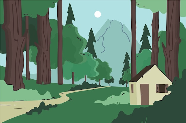 Paisaje de bosque plano dibujado a mano