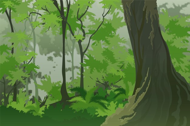 Paisaje de bosque realista con gran árbol.