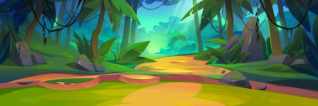 Paisaje de bosque de selva de verano con rayo de luz solar