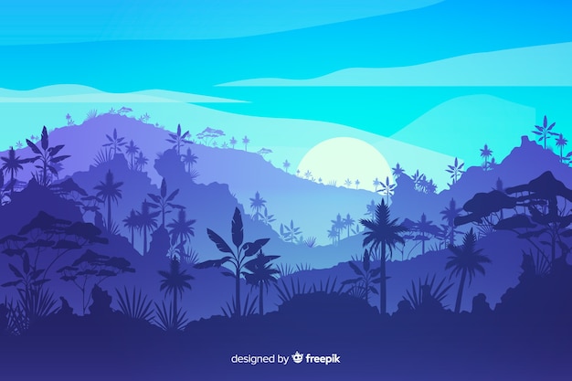 Vector gratuito paisaje de bosque tropical con montañas