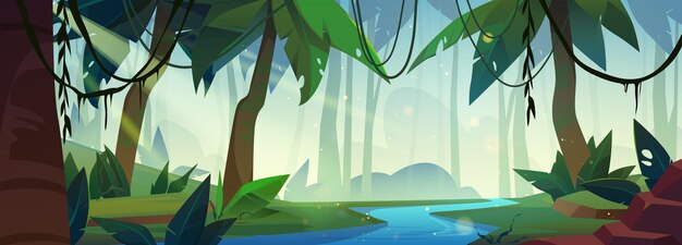 Paisaje de bosque tropical con río Ilustración de dibujos animados vectoriales de madera de la selva con plantas verdes exóticas rayos de luz solar lianas enredaderas en ramas de árboles sobre agua azul Fondo de juego de aventura