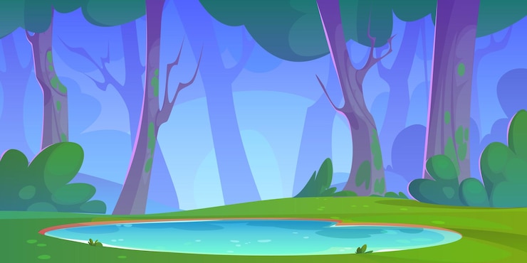 Vector gratuito paisaje de bosque de verano vectorial de dibujos animados con lago