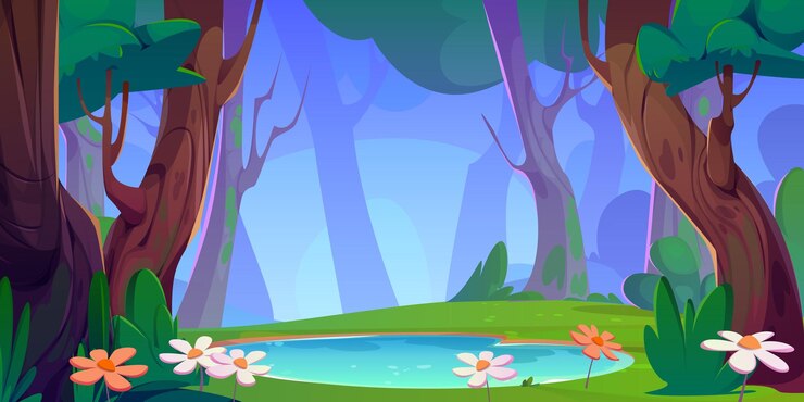Vector gratuito paisaje de bosque de verano vectorial de dibujos animados con lago