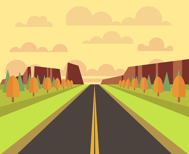paisaje campestre con carretera en estilo plano
