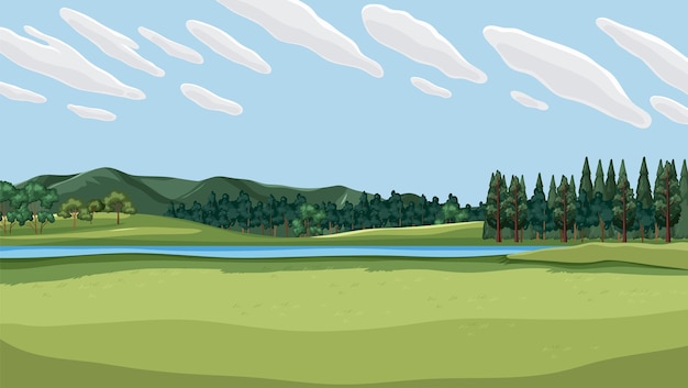 Vector gratuito paisaje de un campo de hierba verde y cielo azul