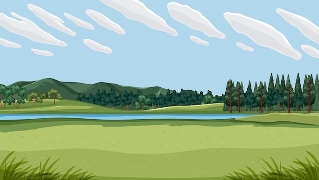 Vector gratuito paisaje de un campo de hierba verde y cielo azul