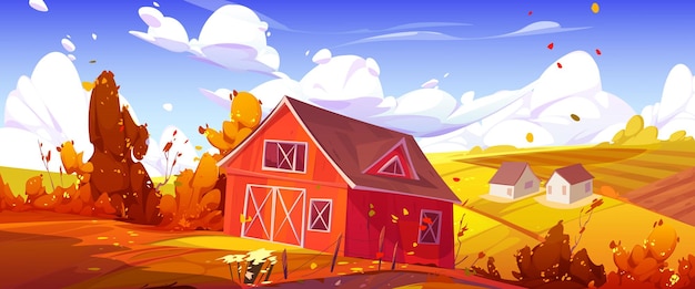 Paisaje de campo de otoño con campo de granero de granja
