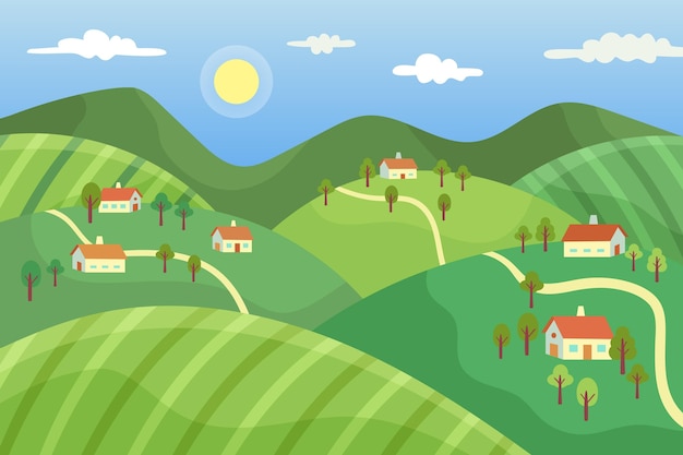 Vector gratuito paisaje de campo con pueblo